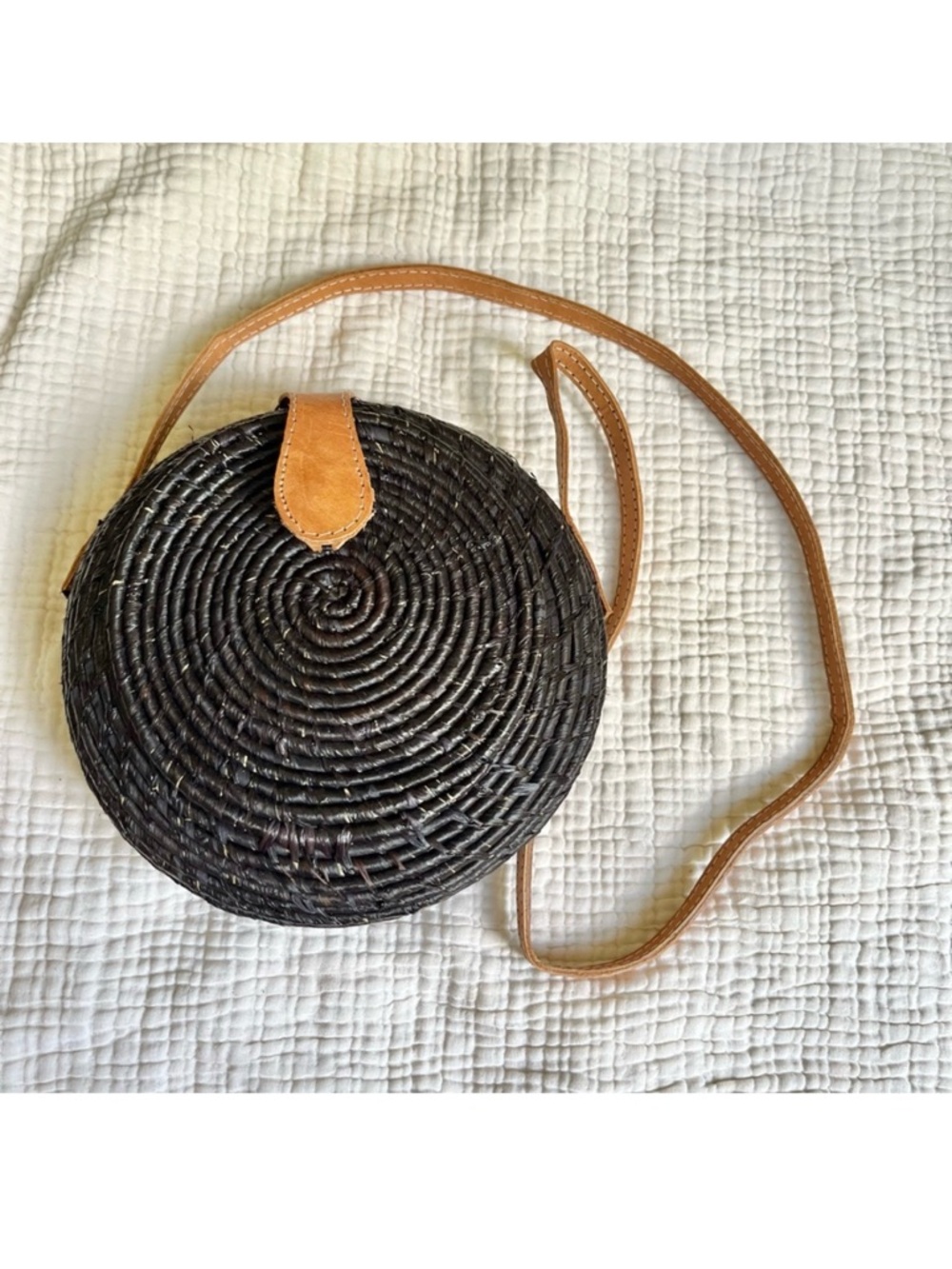 Shebobo | Round Black Woven Raffia Crossbody Clamshell Bag with Tan Strap